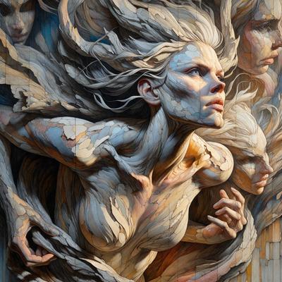 The primary subject of the image is a woman with a flowing mane, who appears to be a sculpture or a painting. She is depicted with a mix of white and blue colors, giving her a serene and elegant appearance. The setting is a wall, where the artwork is displayed, and the visual style is a combination of digital art and illustration. The colors and mood of the image are predominantly white and blue, creating a sense of calmness and tranquility.